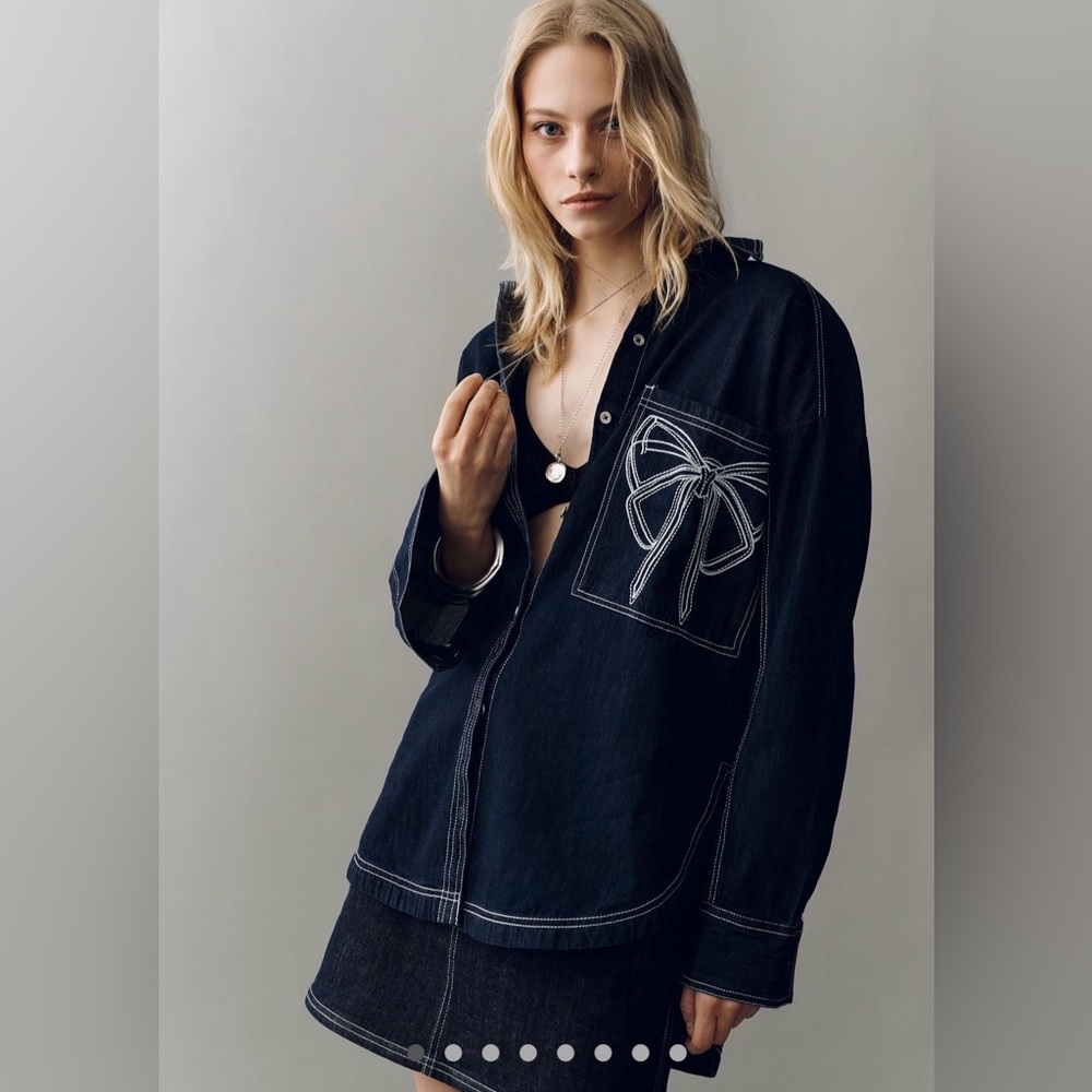 Pilcro Oversized Denim Jacket with White Embroidered Stitching - Picture 2 of 12